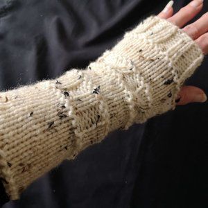 Creme/Brown Aran Tweed HandKnit Adult Seamless Fingerless Gloves Mittens…